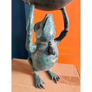 Large garden patinated FROG holding bowl. Planter, bird bath, table 3 available!